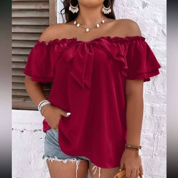 Luxe plus black size off shoulder tie front frill trim blouse - Picture 6 of 15